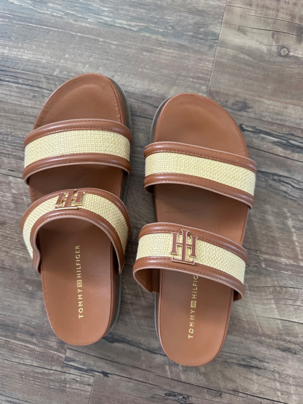 Tommy Hilfiger Tan & Cream Double-Strap Slide Sandals with Gold TH Logo